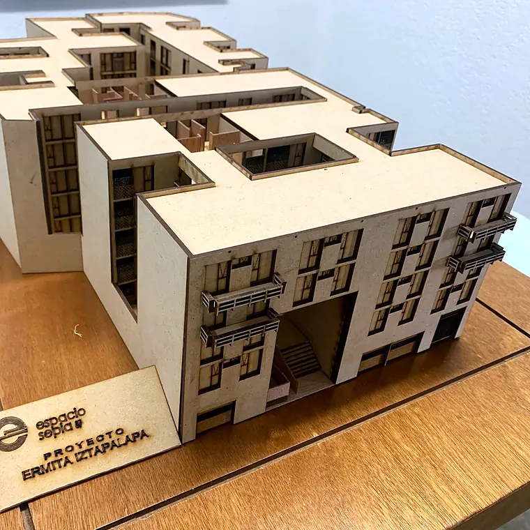 Maqueta del conjunto habitacional de 130 departamentos en avenida Ermita